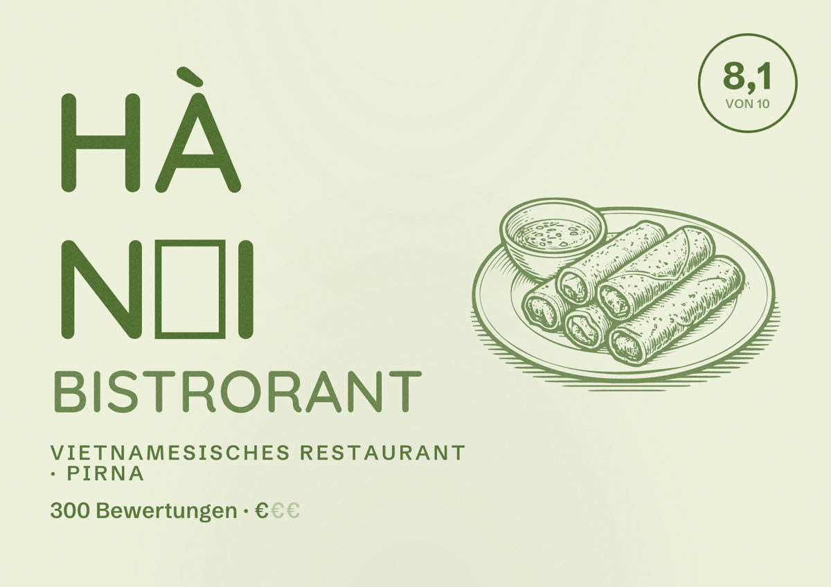 Illustriertes Poster von Hà Nội Bistrorant, Vietnamesisches Restaurant in Pirna: Bewertung 8,1 von 10 aus 300 Bewertungen, Preisniveau €