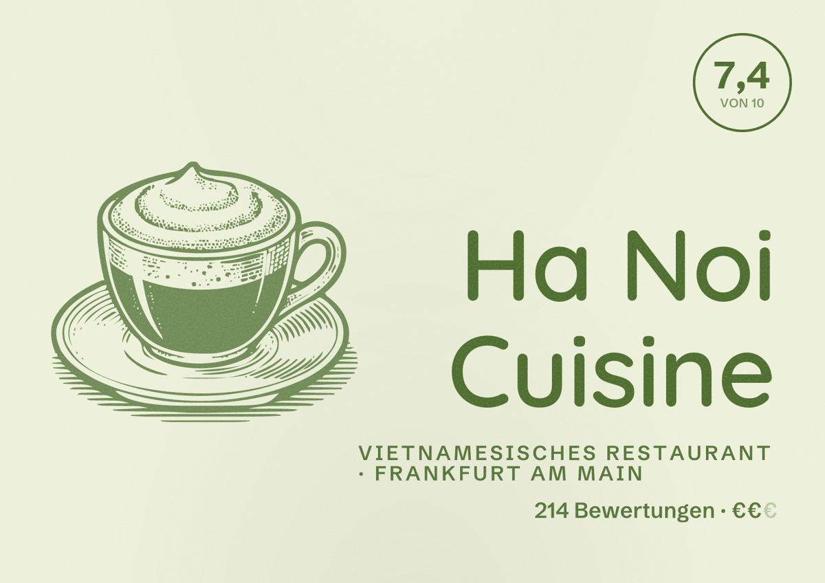 Illustriertes Poster von Ha Noi Cuisine, Vietnamesisches Restaurant in Frankfurt am Main: Bewertung 7,4 von 10 aus 214 Bewertungen, Preisniveau €€