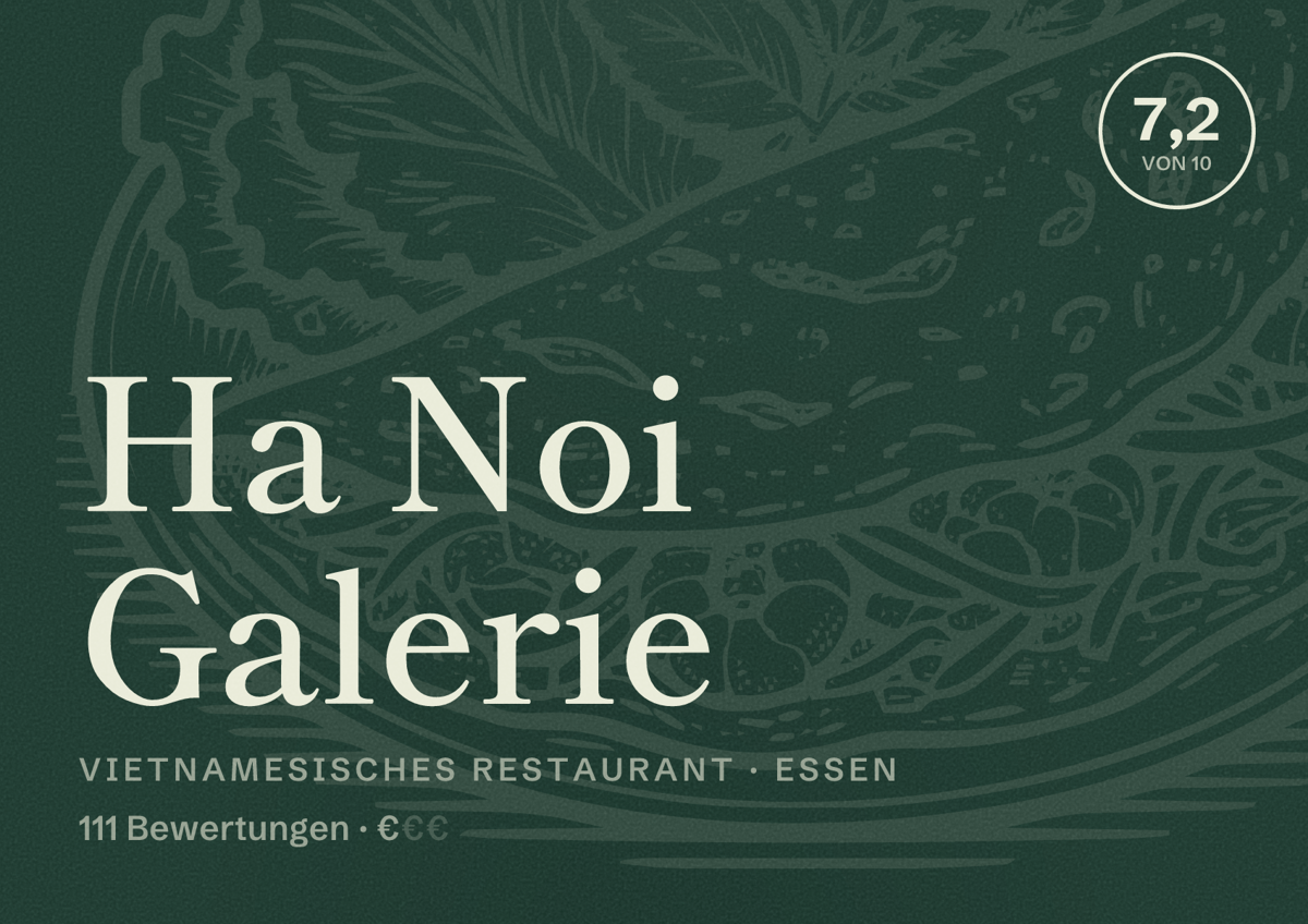 Illustriertes Poster von Ha Noi Galerie, Vietnamesisches Restaurant in Essen: Bewertung 7,2 von 10 aus 111 Bewertungen, Preisniveau €