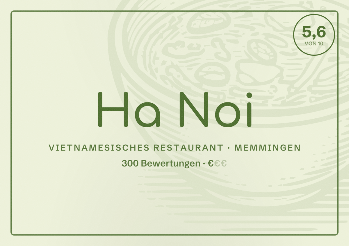 Illustriertes Poster von Ha Noi, Vietnamesisches Restaurant in Memmingen: Bewertung 5,6 von 10 aus 300 Bewertungen, Preisniveau €