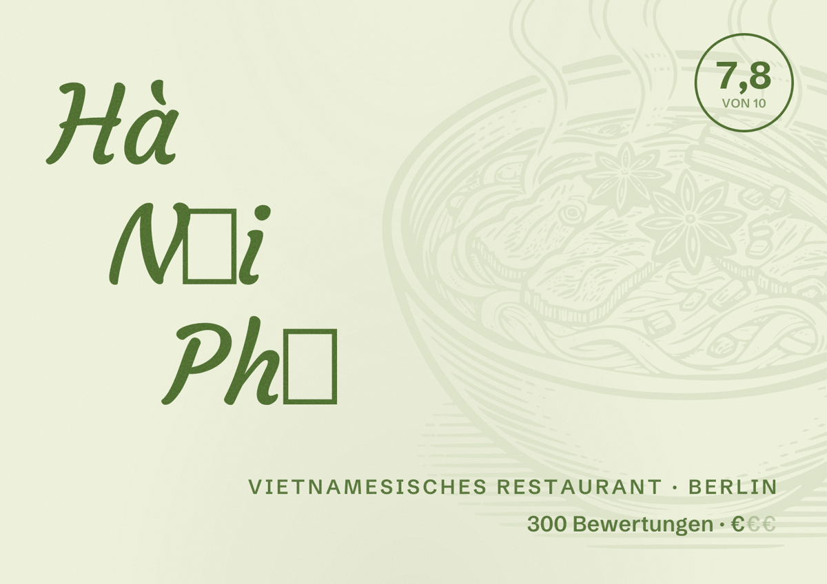 Illustriertes Poster von Hà Nội Phở, Vietnamesisches Restaurant in Berlin: Bewertung 7,8 von 10 aus 300 Bewertungen, Preisniveau €