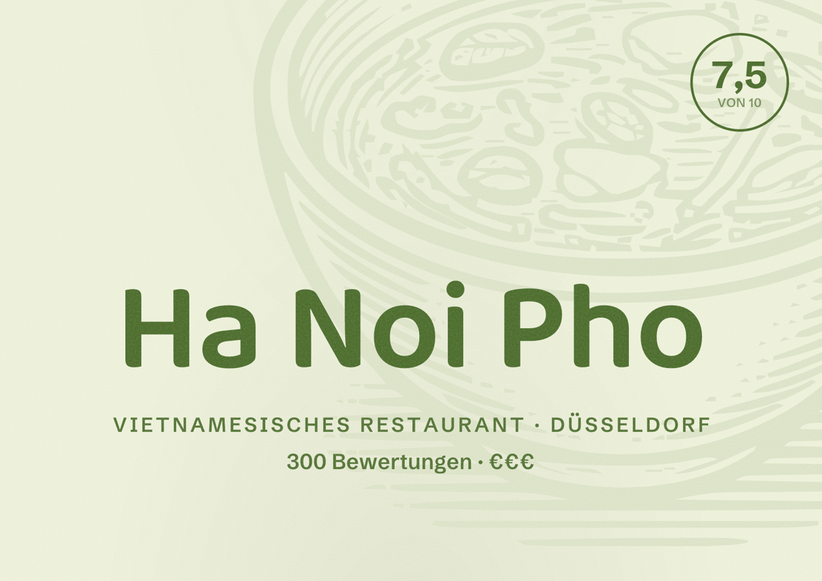 Illustriertes Poster von Ha Noi Pho, Vietnamesisches Restaurant in Düsseldorf: Bewertung 7,5 von 10 aus 300 Bewertungen, Preisniveau €€€