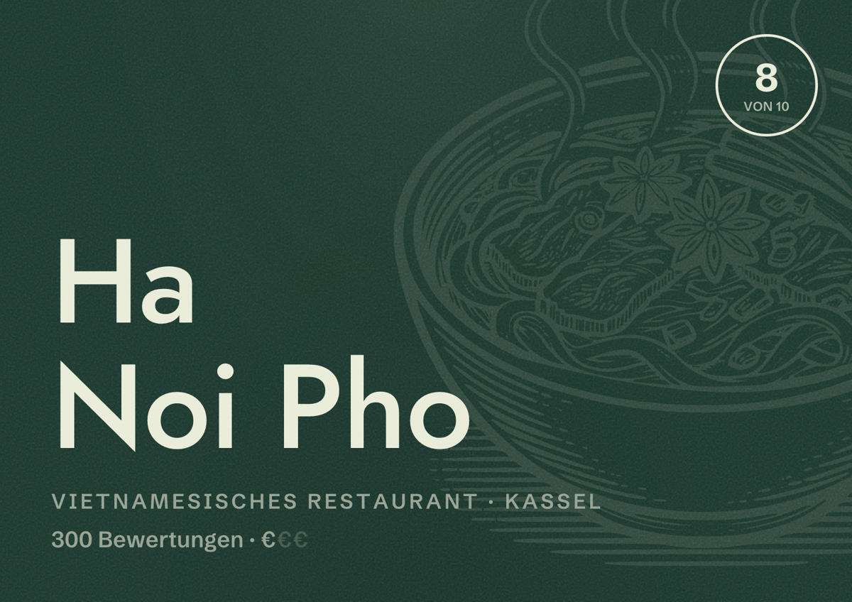 Illustriertes Poster von Ha Noi Pho, Vietnamesisches Restaurant in Kassel: Bewertung 8 von 10 aus 300 Bewertungen, Preisniveau €