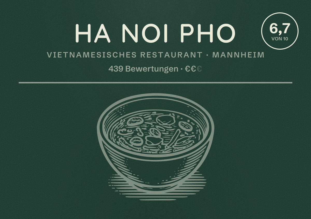 Illustriertes Poster von Ha Noi Pho, Vietnamesisches Restaurant in Mannheim: Bewertung 6,7 von 10 aus 439 Bewertungen, Preisniveau €€