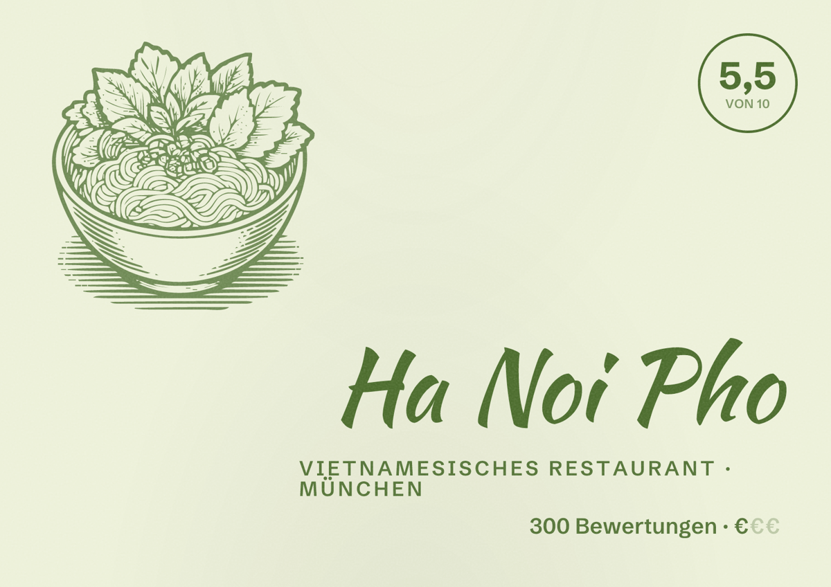 Illustriertes Poster von Ha Noi Pho, Vietnamesisches Restaurant in München: Bewertung 5,5 von 10 aus 300 Bewertungen, Preisniveau €