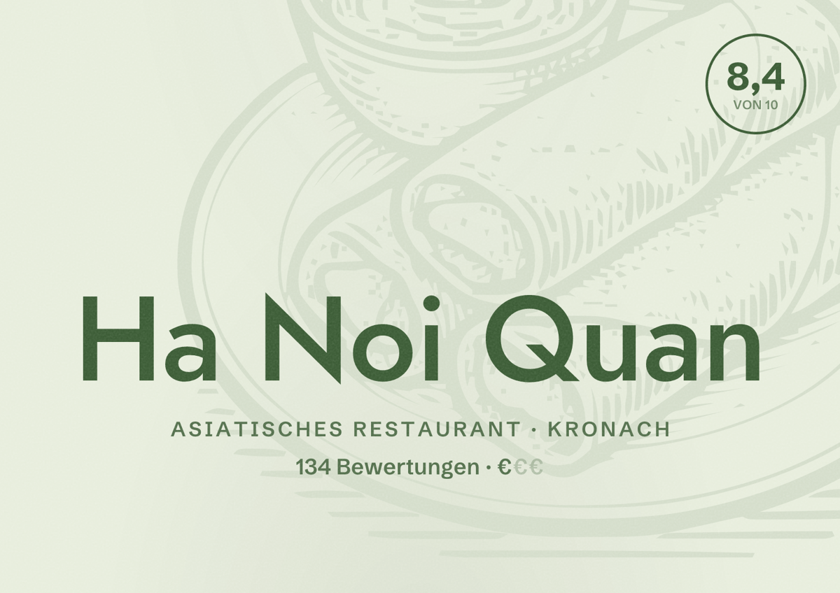 Illustriertes Poster von Ha Noi Quan, Asiatisches Restaurant in Kronach: Bewertung 8,4 von 10 aus 134 Bewertungen, Preisniveau €