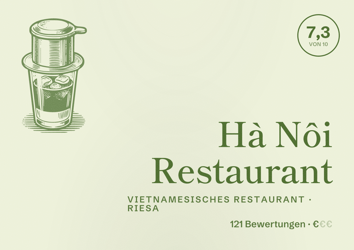 Illustriertes Poster von Hà Nôi Restaurant, Vietnamesisches Restaurant in Riesa: Bewertung 7,3 von 10 aus 121 Bewertungen, Preisniveau €