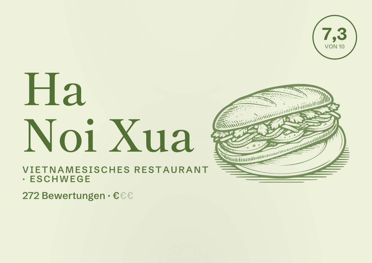 Illustriertes Poster von Ha Noi Xua, Vietnamesisches Restaurant in Eschwege: Bewertung 7,3 von 10 aus 272 Bewertungen, Preisniveau €