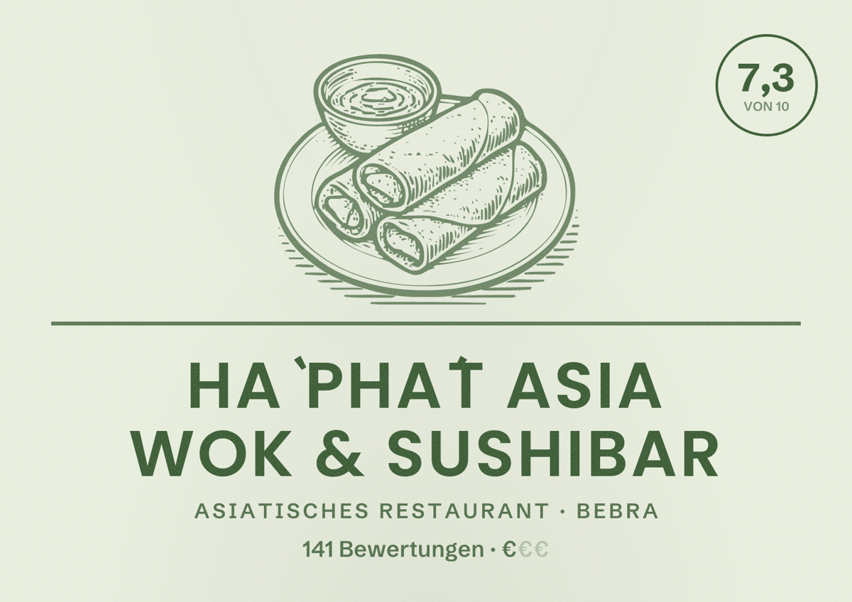 Illustriertes Poster von Hà Phát Asia wok & Sushibar, Asiatisches Restaurant in Bebra: Bewertung 7,3 von 10 aus 141 Bewertungen, Preisniveau €