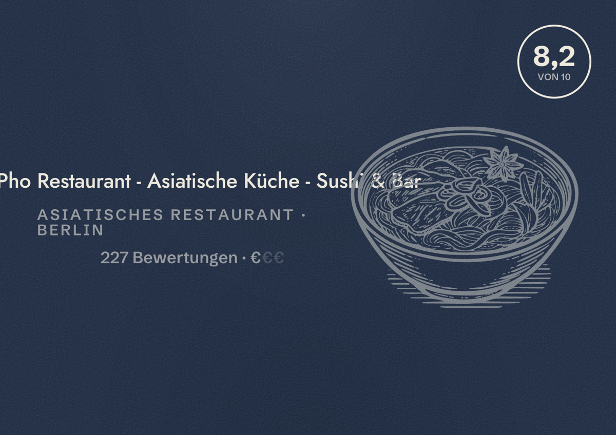 Illustriertes Poster von Ha Pho Restaurant - Asiatische Küche - Sushi & Bar, Asiatisches Restaurant in Berlin: Bewertung 8,2 von 10 aus 227 Bewertungen, Preisniveau €