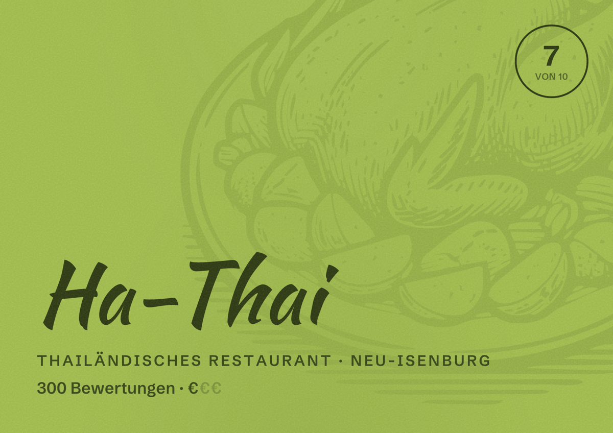 Illustriertes Poster von Ha-Thai, Thailändisches Restaurant in Neu-Isenburg: Bewertung 7 von 10 aus 300 Bewertungen, Preisniveau €