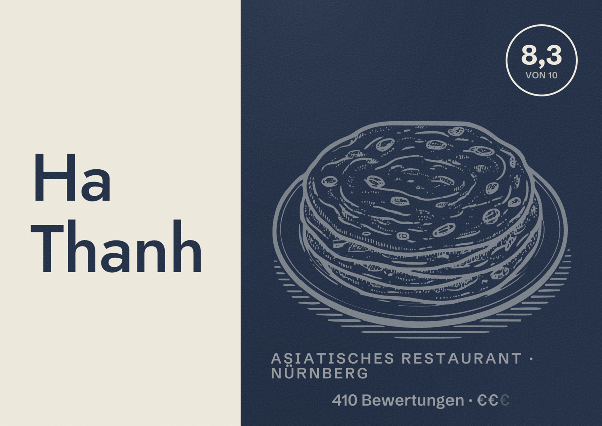 Illustriertes Poster von Ha Thanh, Asiatisches Restaurant in Nürnberg: Bewertung 8,3 von 10 aus 410 Bewertungen, Preisniveau €€