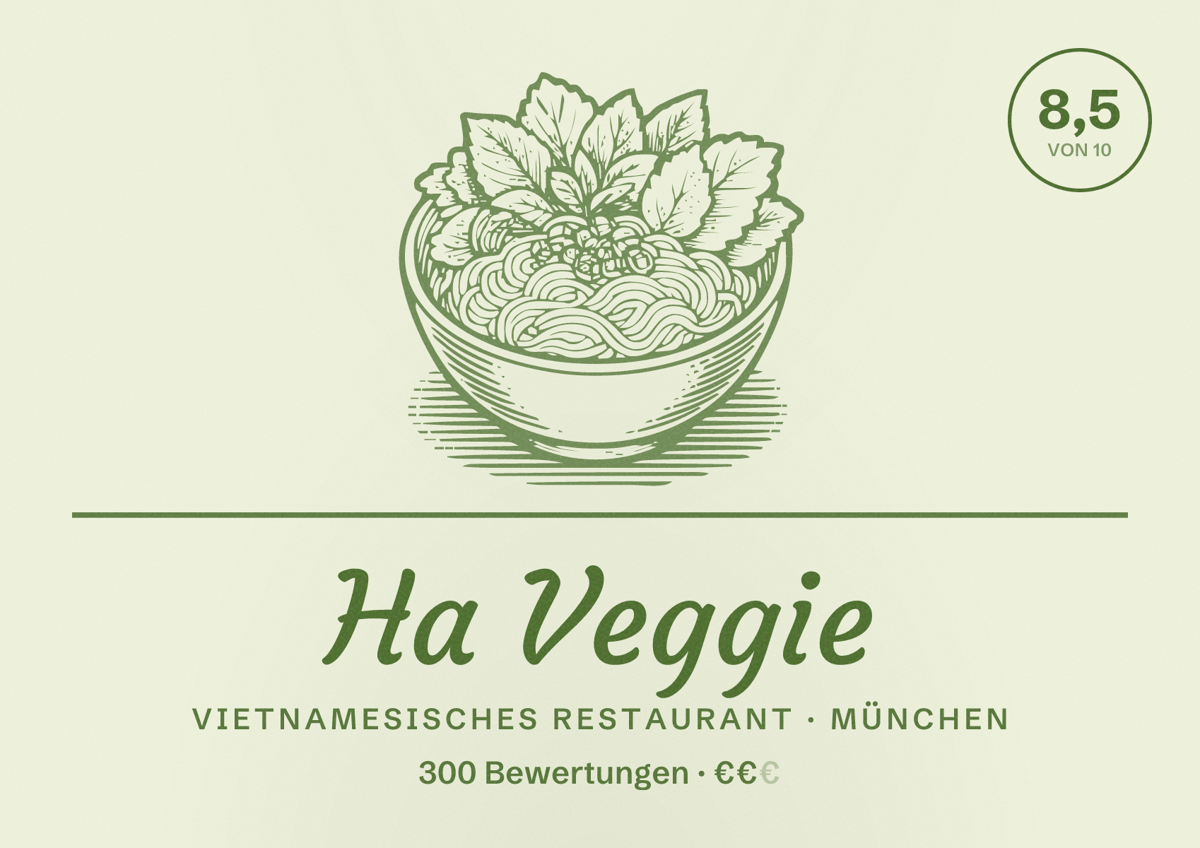 Illustriertes Poster von Ha Veggie, Vietnamesisches Restaurant in München: Bewertung 8,5 von 10 aus 300 Bewertungen, Preisniveau €€