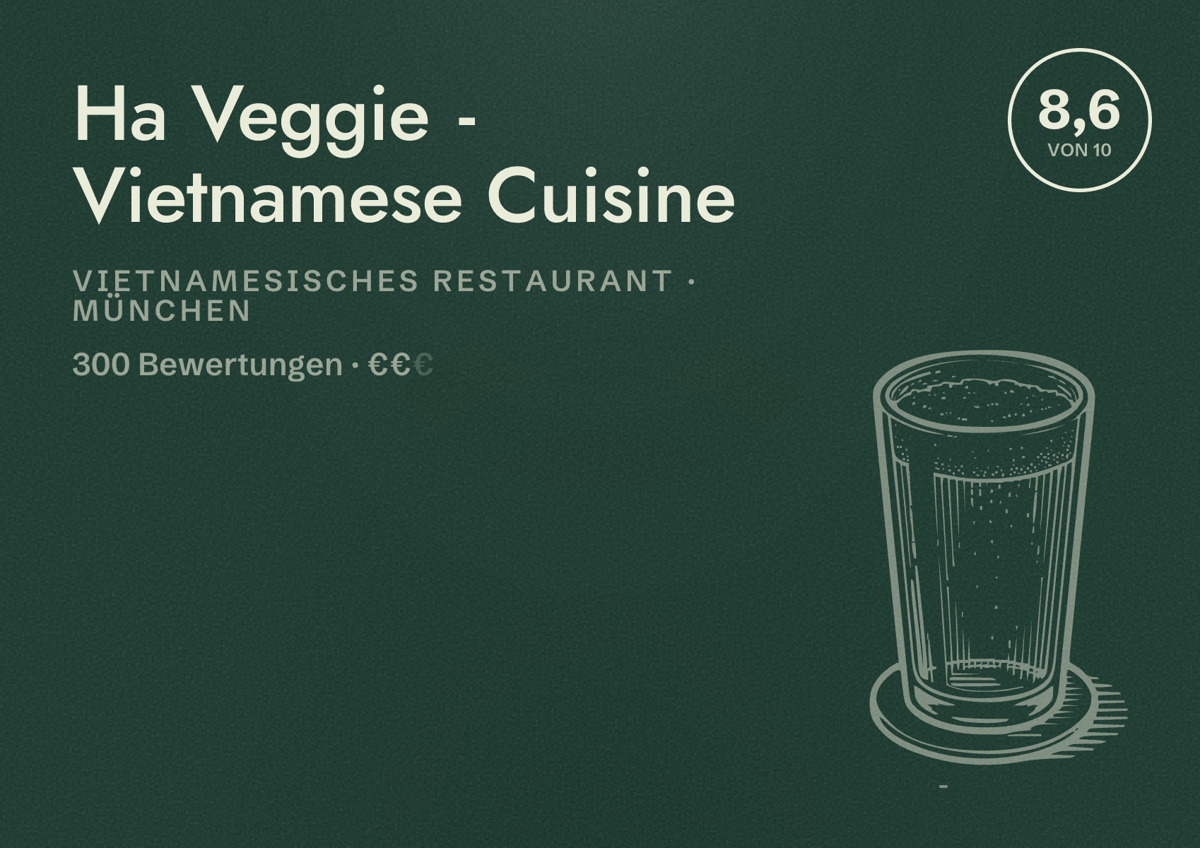 Illustriertes Poster von Ha Veggie - Vietnamese Cuisine, Vietnamesisches Restaurant in München: Bewertung 8,6 von 10 aus 300 Bewertungen, Preisniveau €€