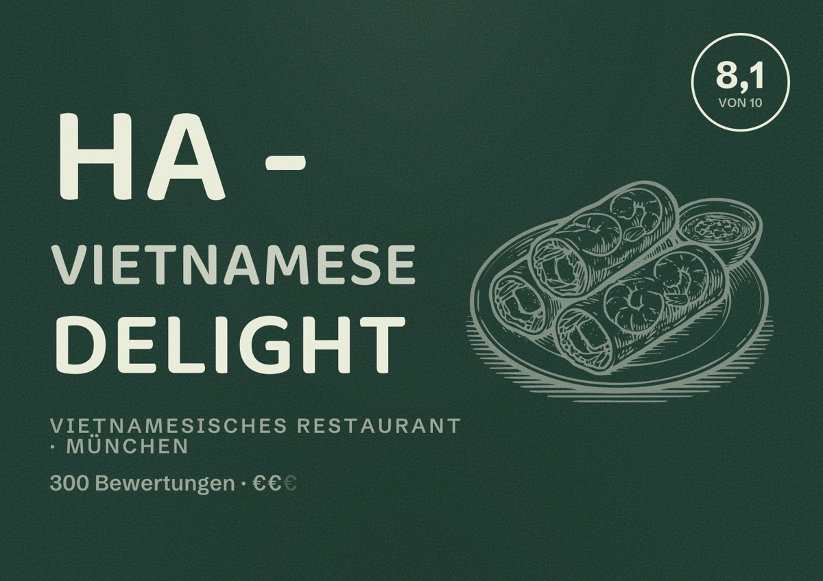 Illustriertes Poster von Ha - Vietnamese Delight, Vietnamesisches Restaurant in München: Bewertung 8,1 von 10 aus 300 Bewertungen, Preisniveau €€