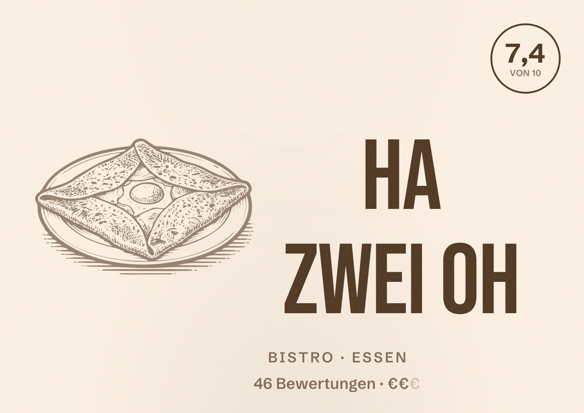 Illustriertes Poster von ha zwei oh, Bistro in Essen: Bewertung 7,4 von 10 aus 46 Bewertungen, Preisniveau €€