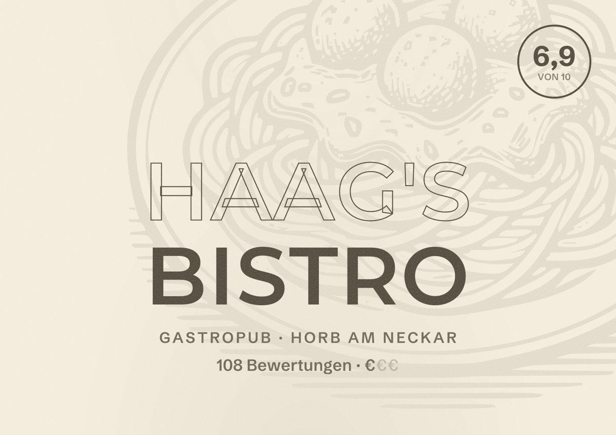 Illustriertes Poster von Haag's Bistro, Gastropub in Horb am Neckar: Bewertung 6,9 von 10 aus 108 Bewertungen, Preisniveau €