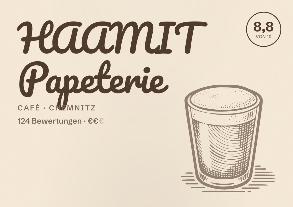 Illustriertes Poster von HAAMIT Papeterie, Café in Chemnitz: Bewertung 8,8 von 10 aus 124 Bewertungen, Preisniveau €€