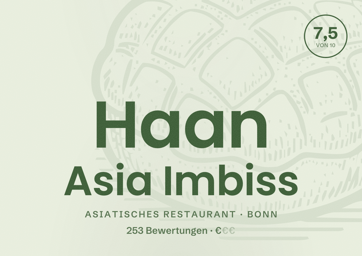 Illustriertes Poster von Haan Asia Imbiss, Asiatisches Restaurant in Bonn: Bewertung 7,5 von 10 aus 253 Bewertungen, Preisniveau €