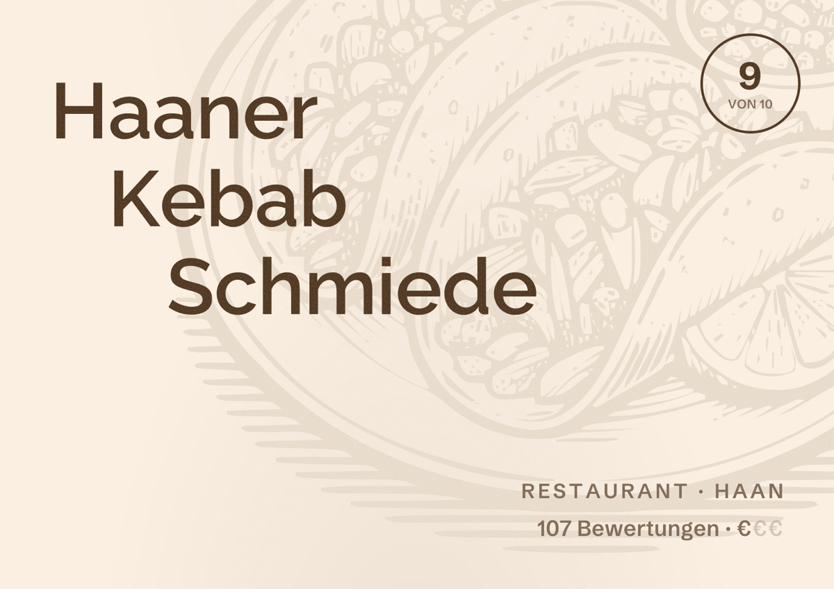 Illustriertes Poster von Haaner Kebab Schmiede, Restaurant in Haan: Bewertung 9 von 10 aus 107 Bewertungen, Preisniveau €