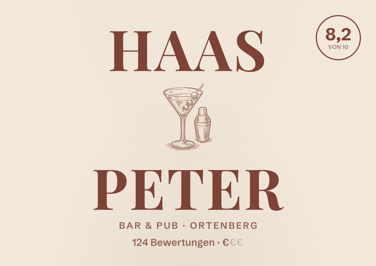 Illustriertes Poster von Haas Peter, Bar & Pub in Ortenberg: Bewertung 8,2 von 10 aus 124 Bewertungen, Preisniveau €