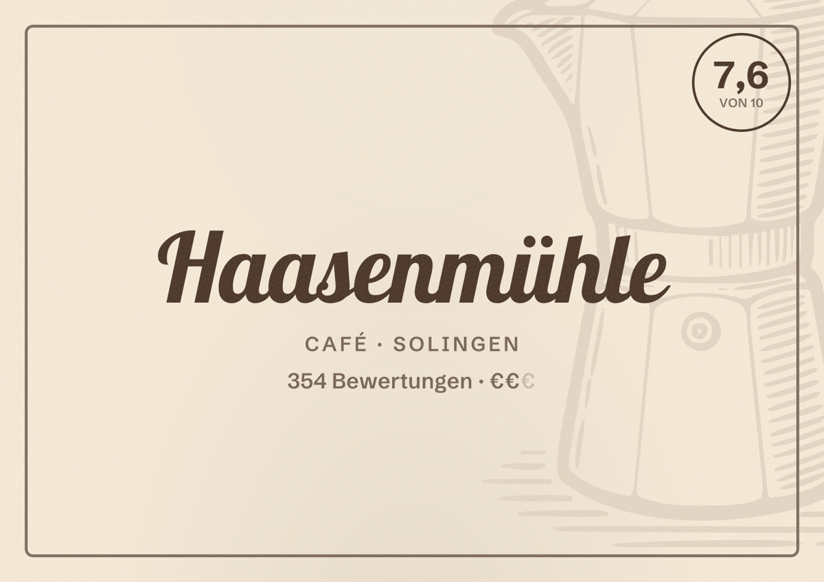 Illustriertes Poster von Haasenmühle, Café in Solingen: Bewertung 7,6 von 10 aus 354 Bewertungen, Preisniveau €€