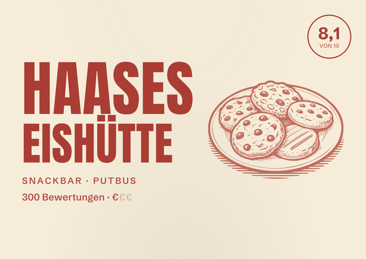 Illustriertes Poster von Haases Eishütte, Snackbar in Putbus: Bewertung 8,1 von 10 aus 300 Bewertungen, Preisniveau €