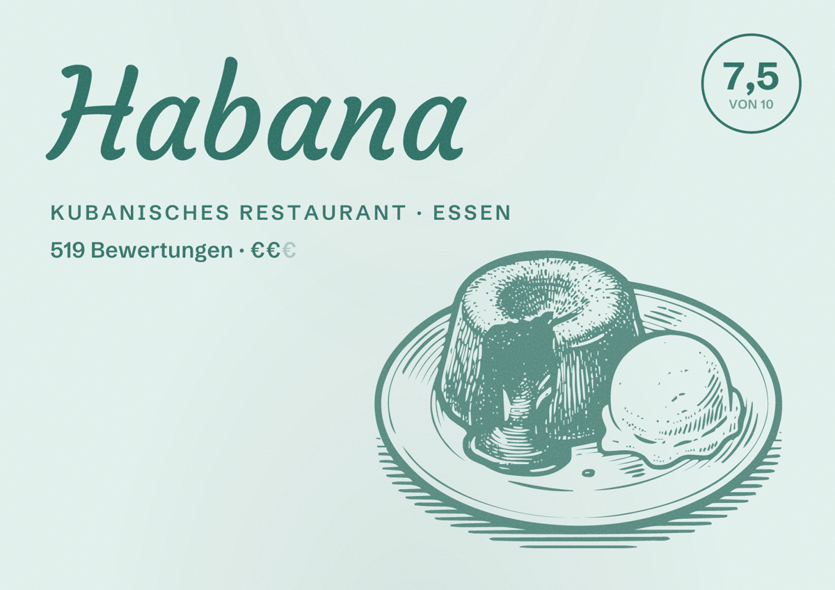 Illustriertes Poster von Habana, Kubanisches Restaurant in Essen: Bewertung 7,5 von 10 aus 519 Bewertungen, Preisniveau €€