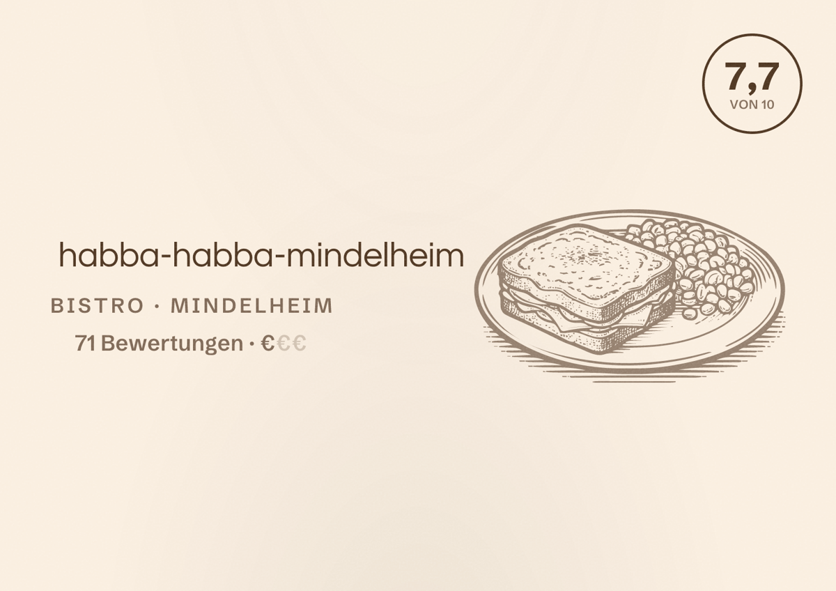 Illustriertes Poster von habba-habba-mindelheim, Bistro in Mindelheim: Bewertung 7,7 von 10 aus 71 Bewertungen, Preisniveau €