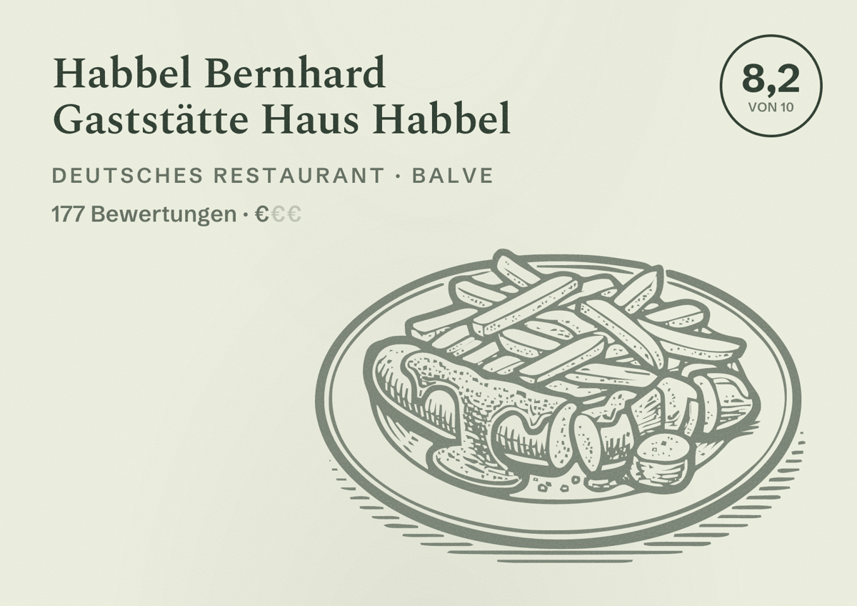 Illustriertes Poster von Habbel Bernhard Gaststätte Haus Habbel, Deutsches Restaurant in Balve: Bewertung 8,2 von 10 aus 177 Bewertungen, Preisniveau €