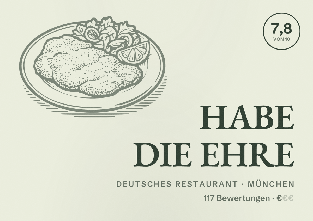 Illustriertes Poster von HABE DIE EHRE, Deutsches Restaurant in München: Bewertung 7,8 von 10 aus 117 Bewertungen, Preisniveau €