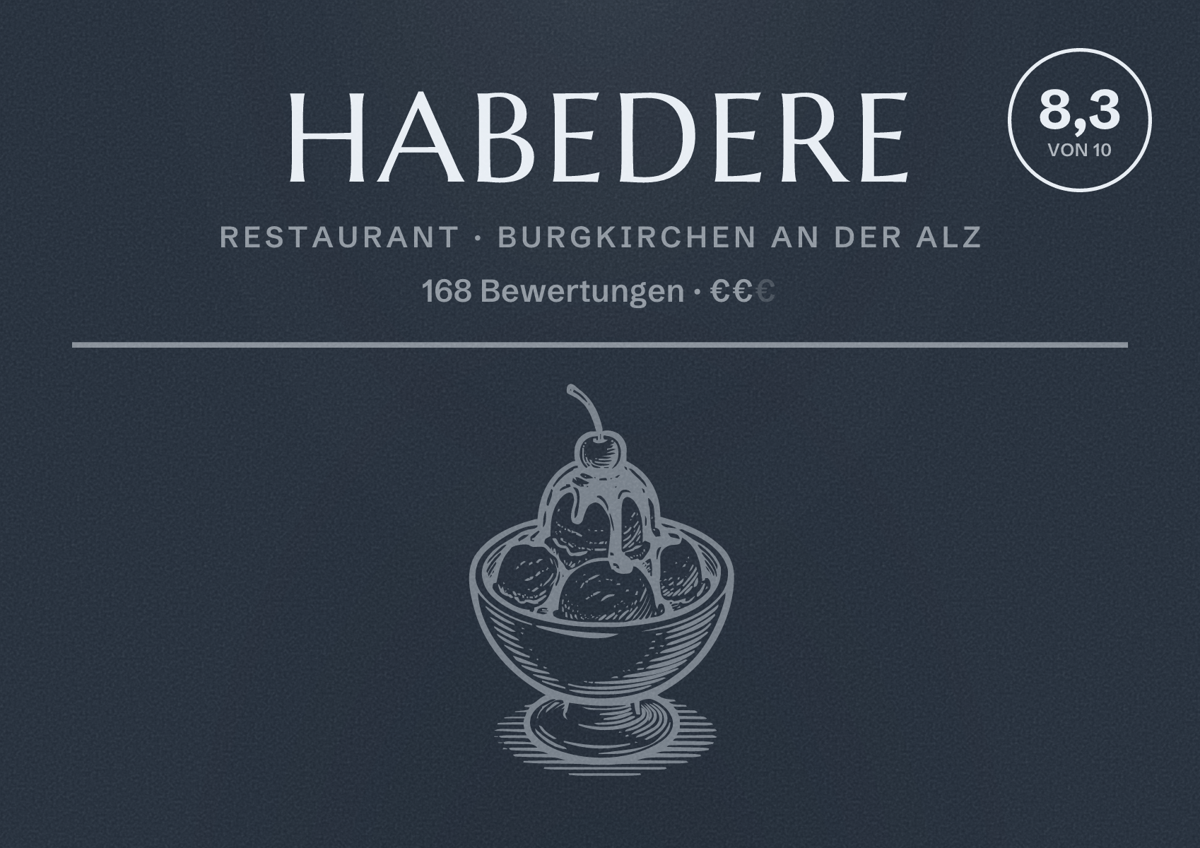 Illustriertes Poster von Habedere, Restaurant in Burgkirchen an der Alz: Bewertung 8,3 von 10 aus 168 Bewertungen, Preisniveau €€