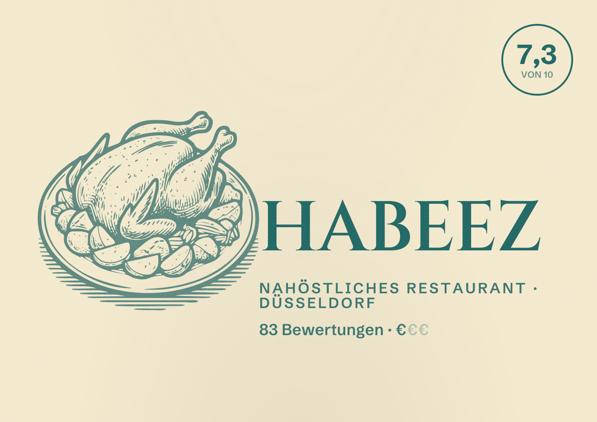 Illustriertes Poster von HABEEZ, Nahöstliches Restaurant in Düsseldorf: Bewertung 7,3 von 10 aus 83 Bewertungen, Preisniveau €
