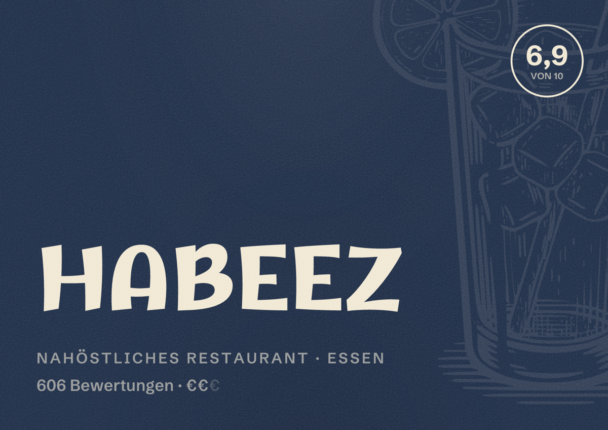 Illustriertes Poster von HABEEZ, Nahöstliches Restaurant in Essen: Bewertung 6,9 von 10 aus 606 Bewertungen, Preisniveau €€