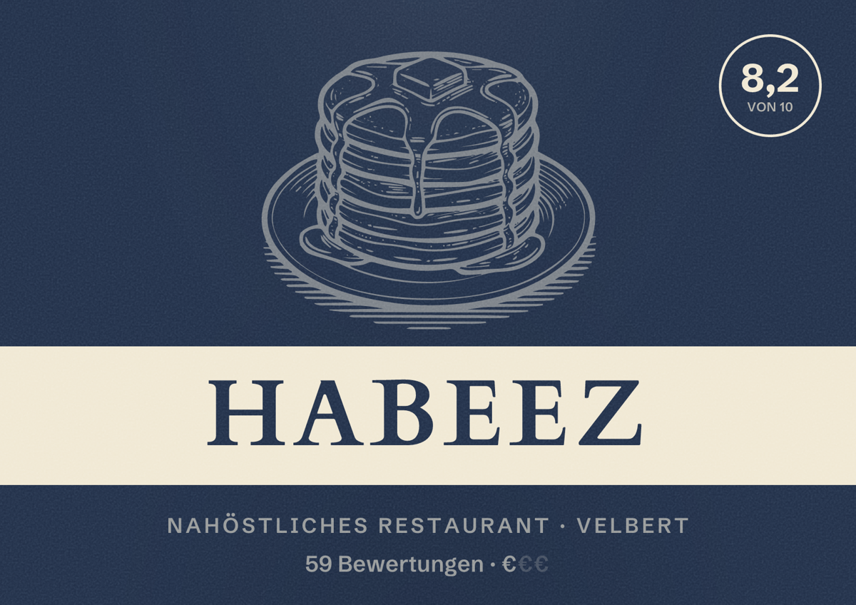 Illustriertes Poster von HABEEZ, Nahöstliches Restaurant in Velbert: Bewertung 8,2 von 10 aus 59 Bewertungen, Preisniveau €