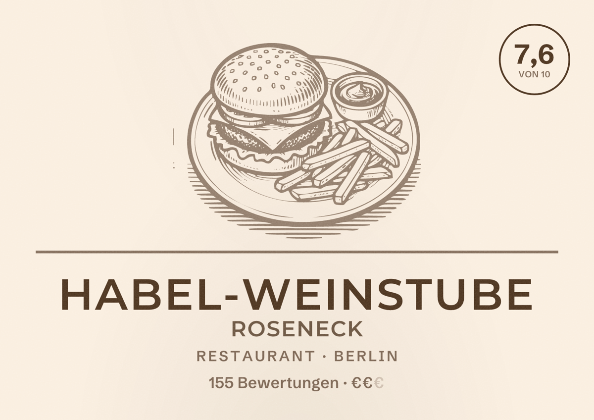 Illustriertes Poster von Habel-Weinstube Roseneck, Restaurant in Berlin: Bewertung 7,6 von 10 aus 155 Bewertungen, Preisniveau €€