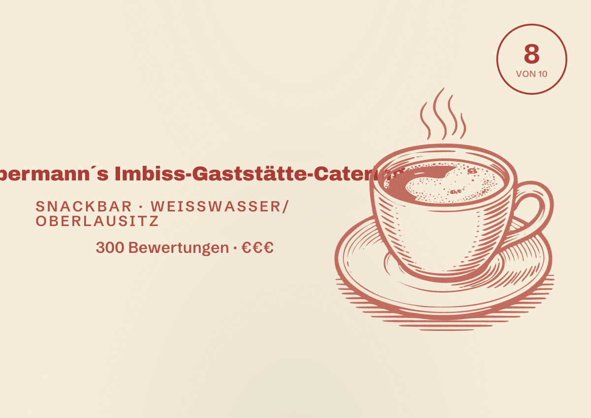 Illustriertes Poster von Habermann´s Imbiss-Gaststätte-Catering, Snackbar in Weißwasser/Oberlausitz: Bewertung 8 von 10 aus 300 Bewertungen, Preisniveau €€€