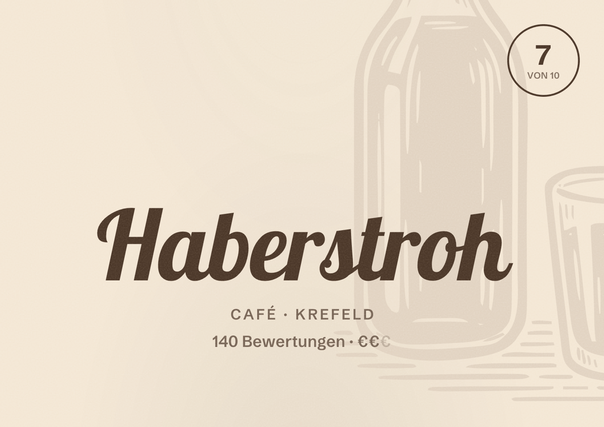 Illustriertes Poster von Haberstroh, Café in Krefeld: Bewertung 7 von 10 aus 140 Bewertungen, Preisniveau €€