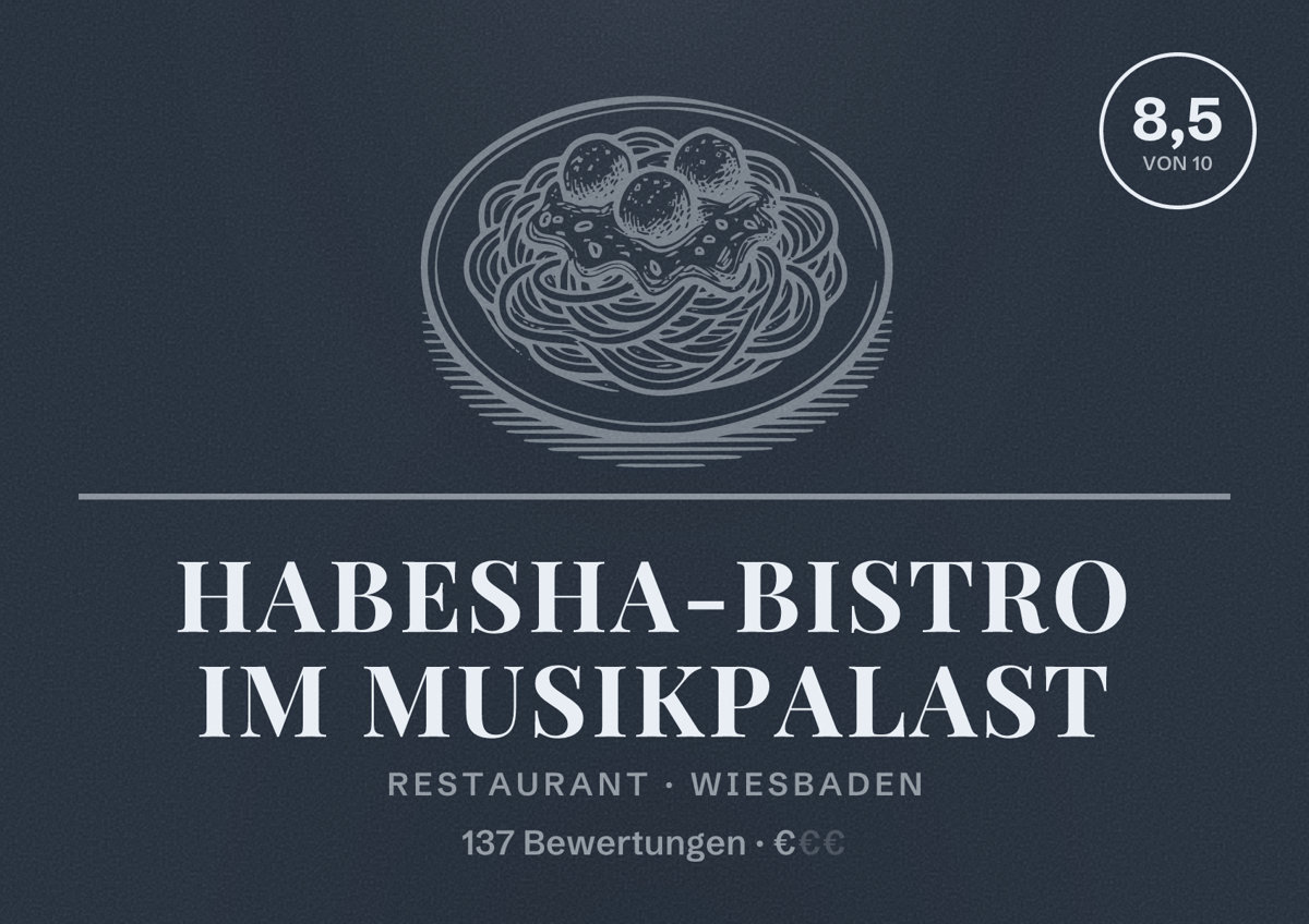 Illustriertes Poster von Habesha-Bistro im Musikpalast, Restaurant in Wiesbaden: Bewertung 8,5 von 10 aus 137 Bewertungen, Preisniveau €
