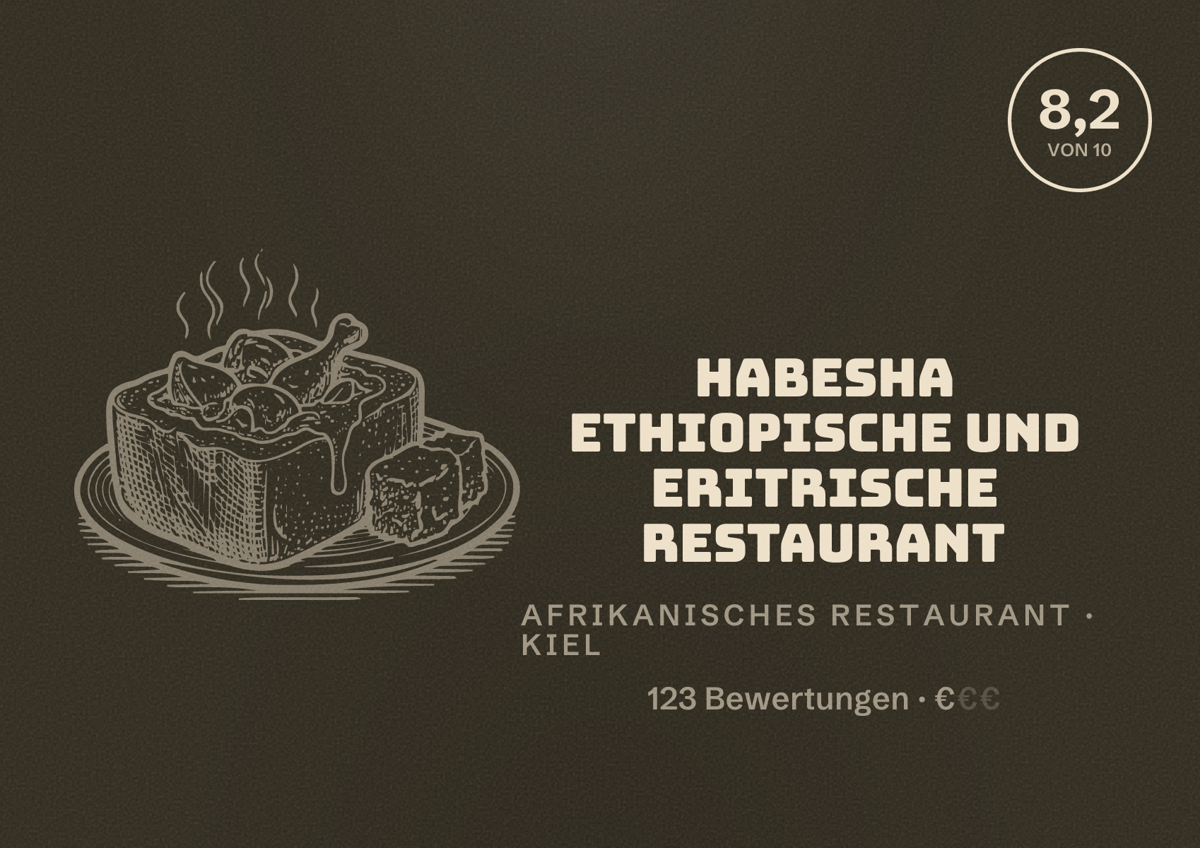 Illustriertes Poster von Habesha Ethiopische und Eritrische Restaurant, Afrikanisches Restaurant in Kiel: Bewertung 8,2 von 10 aus 123 Bewertungen, Preisniveau €