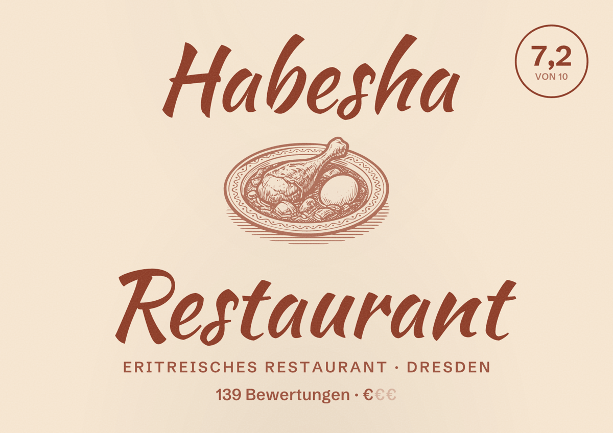 Illustriertes Poster von Habesha Restaurant, Eritreisches Restaurant in Dresden: Bewertung 7,2 von 10 aus 139 Bewertungen, Preisniveau €
