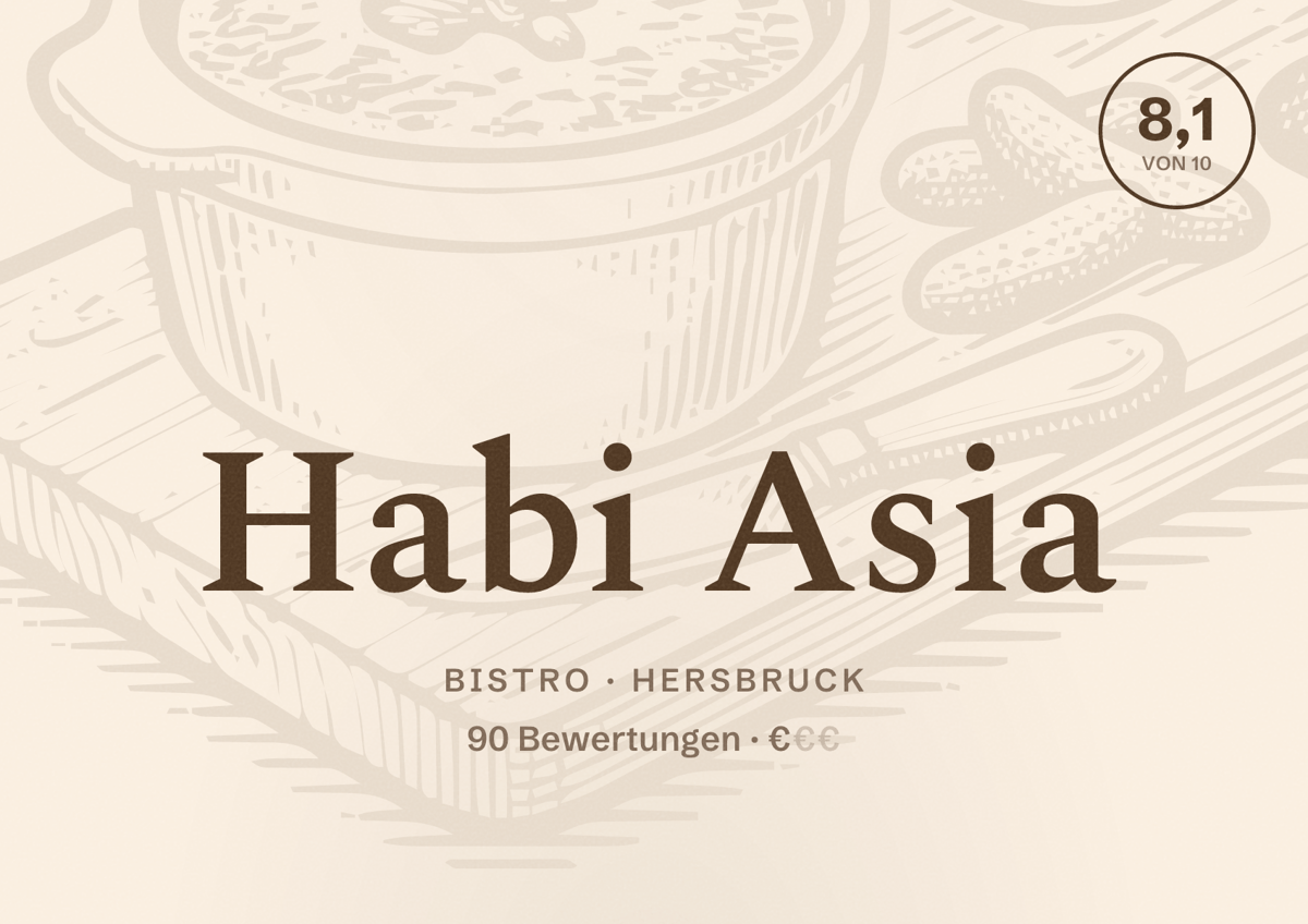 Illustriertes Poster von Habi Asia, Bistro in Hersbruck: Bewertung 8,1 von 10 aus 90 Bewertungen, Preisniveau €