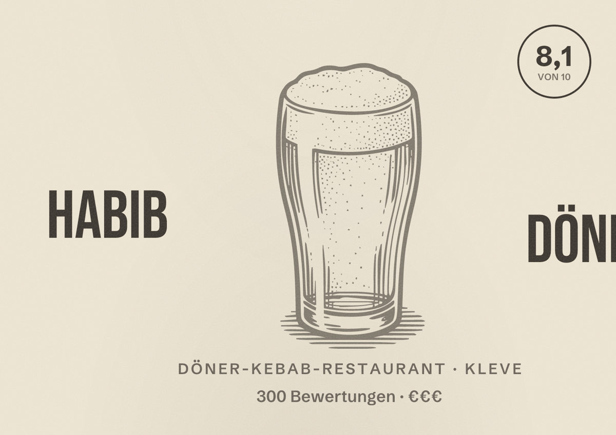 Illustriertes Poster von Habib döner, Döner-Kebab-Restaurant in Kleve: Bewertung 8,1 von 10 aus 300 Bewertungen, Preisniveau €€€