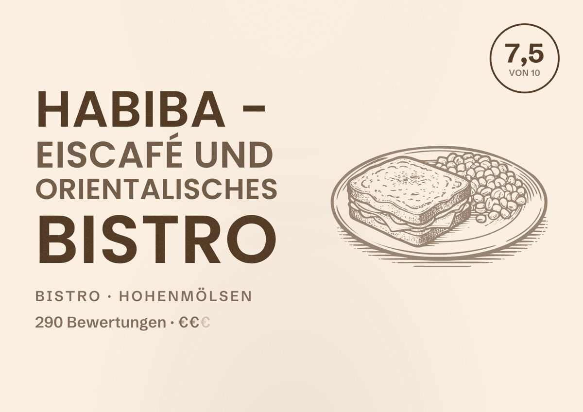 Illustriertes Poster von Habiba - Eiscafé und Orientalisches Bistro, Bistro in Hohenmölsen: Bewertung 7,5 von 10 aus 290 Bewertungen, Preisniveau €€
