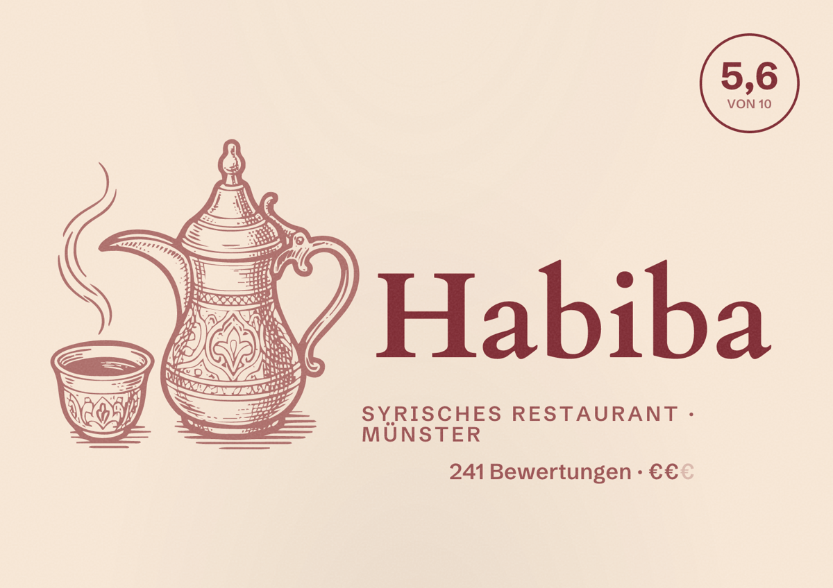 Illustriertes Poster von Habiba, Syrisches Restaurant in Münster: Bewertung 5,6 von 10 aus 241 Bewertungen, Preisniveau €€