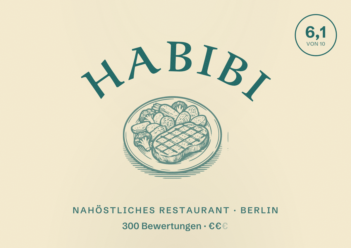 Illustriertes Poster von Habibi, Nahöstliches Restaurant in Berlin: Bewertung 6,1 von 10 aus 300 Bewertungen, Preisniveau €€