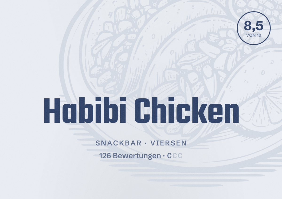 Illustriertes Poster von Habibi Chicken, Snackbar in Viersen: Bewertung 8,5 von 10 aus 126 Bewertungen, Preisniveau €