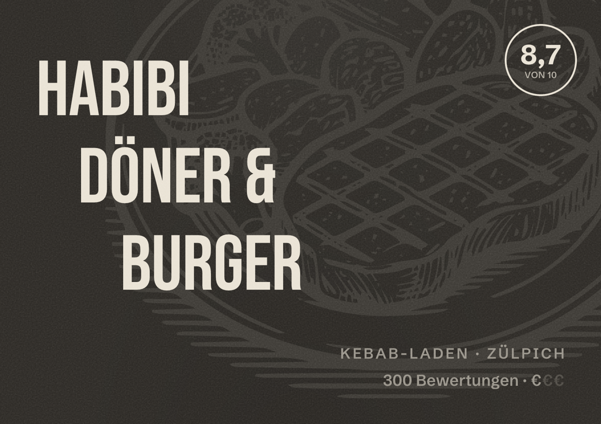 Illustriertes Poster von HABIBI Döner & Burger, Kebab-Laden in Zülpich: Bewertung 8,7 von 10 aus 300 Bewertungen, Preisniveau €