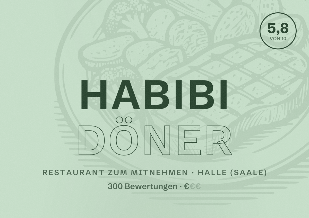 Illustriertes Poster von Habibi Döner, Restaurant zum Mitnehmen in Halle (Saale): Bewertung 5,8 von 10 aus 300 Bewertungen, Preisniveau €