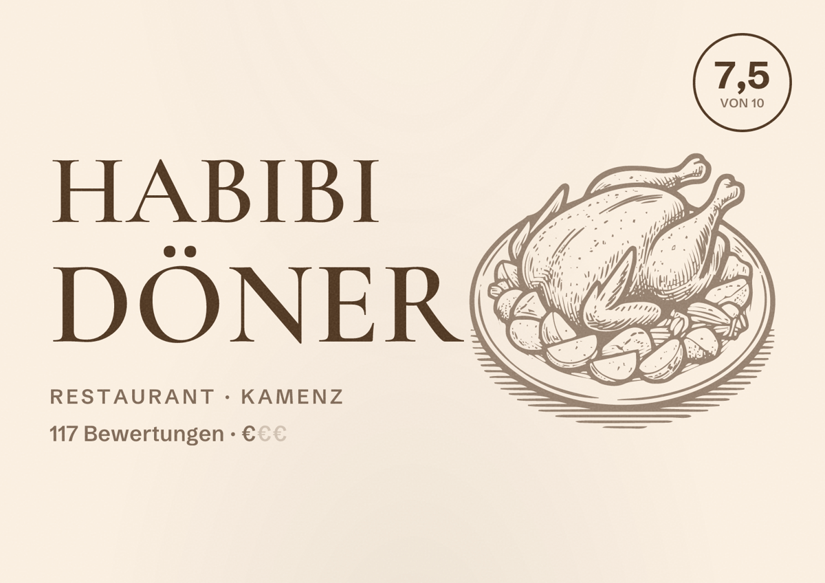 Illustriertes Poster von Habibi Döner, Restaurant in Kamenz: Bewertung 7,5 von 10 aus 117 Bewertungen, Preisniveau €